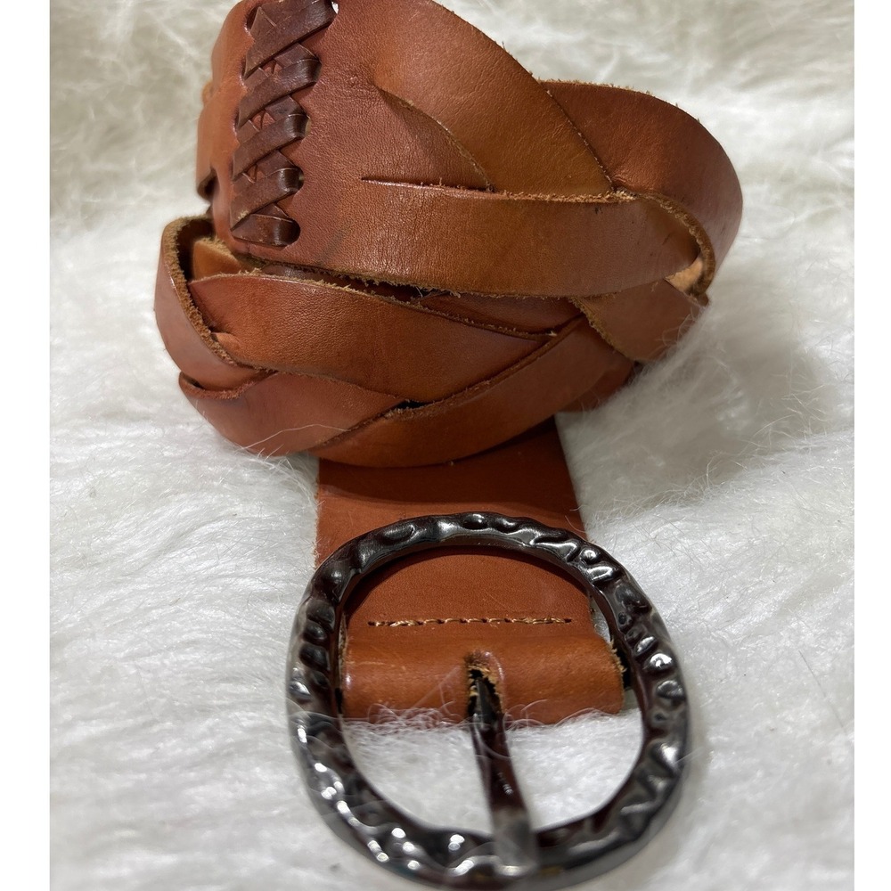 Vintage  Belt Womens 35-38 Braided Leather Cognac Whipstitch Wide Boho Y2K